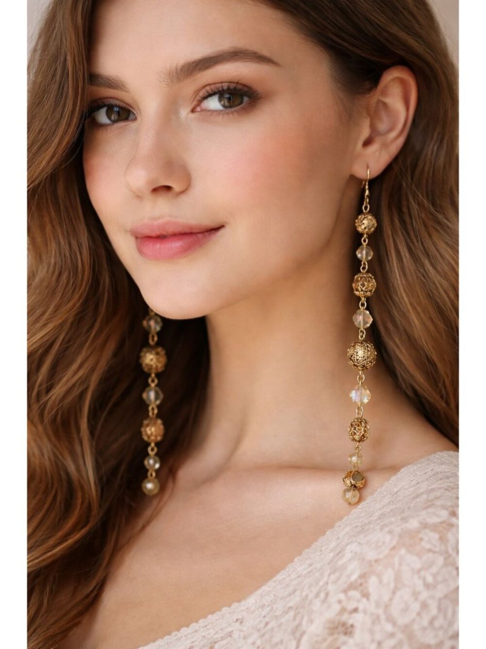 Gold Filigree Beaded Drop Earrings Long Dangle Crystal Pearl Boho Glam Statement